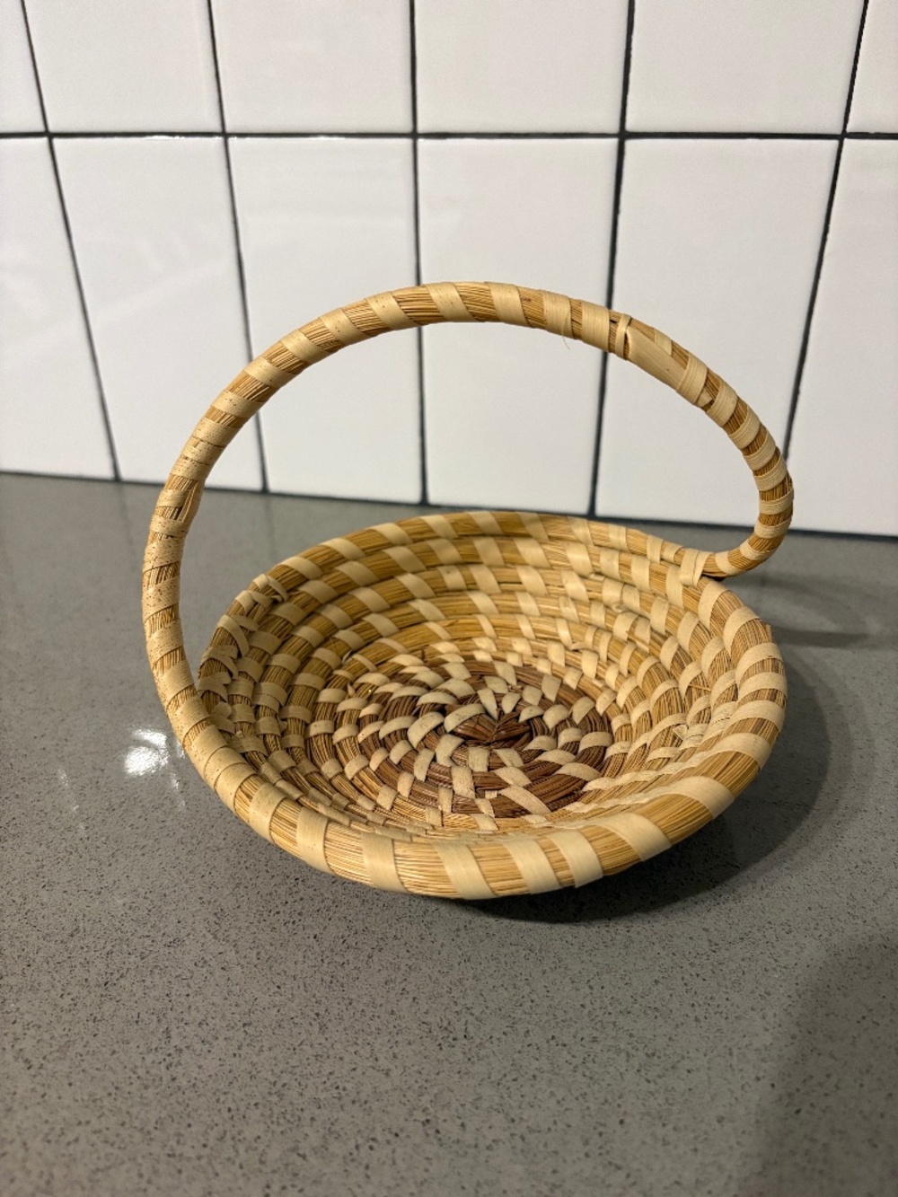 Small woven sweetgrass basket with looping handle - handmade